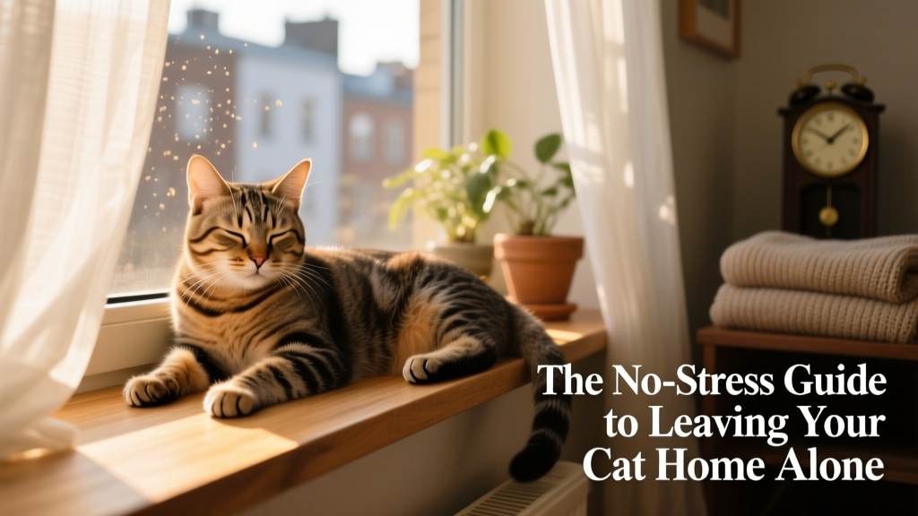 A relaxed cat lounging on a sunlit windowsill, looking content and calm