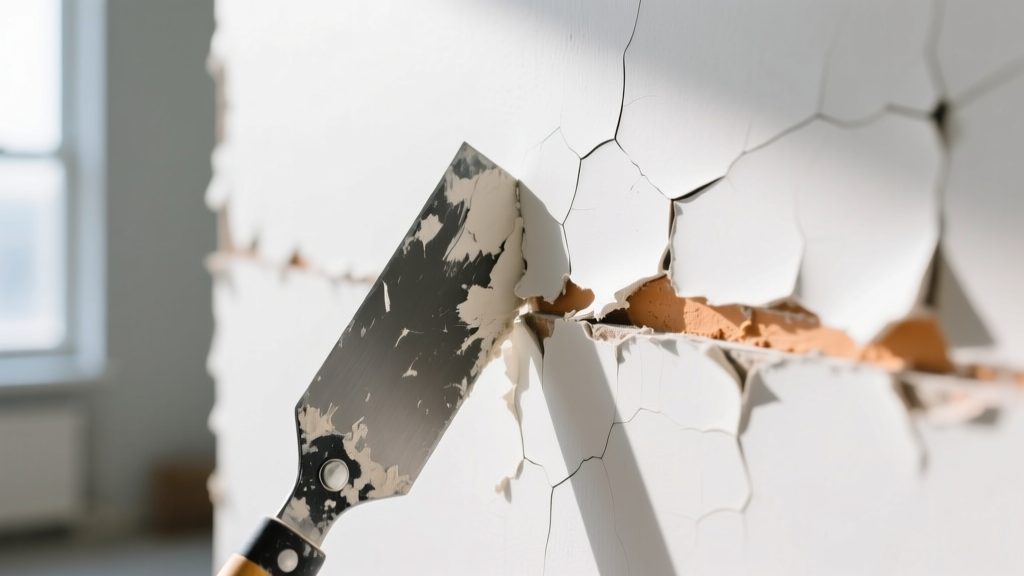 Close-up of a worn drywall taping knife scraping a blistered joint compound seam on a white gypsum board wall in a bright room