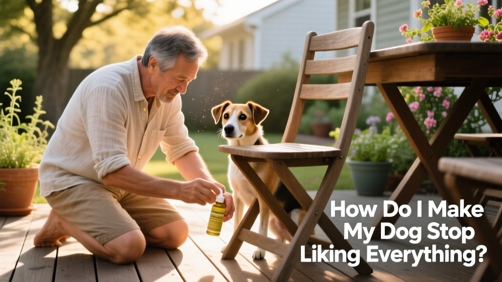 Dog owner applying bitter spray to a wooden chair leg