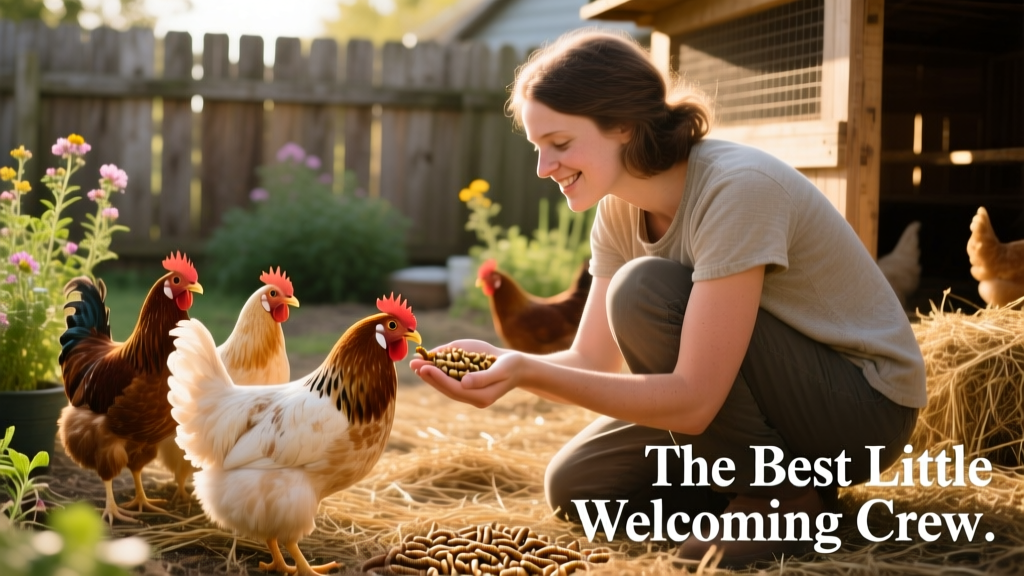 A person crouching gently in a backyard coop, offering a handful of mealworms to calm, curious chickens