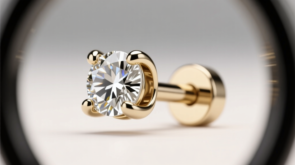 Loupe view of a 16-gauge white gold diamond cartilage earring, focusing on secure prong tips and the thick metal post base.
