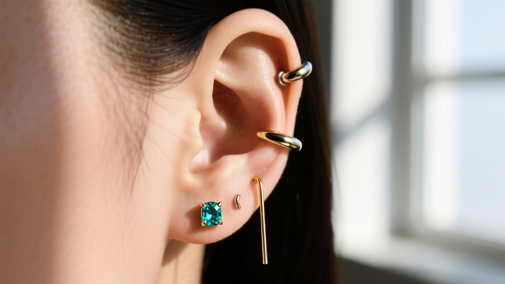 Curated ear showing 16-gauge titanium helix huggies with teal tourmaline gems and a delicate gold lobe threader earring