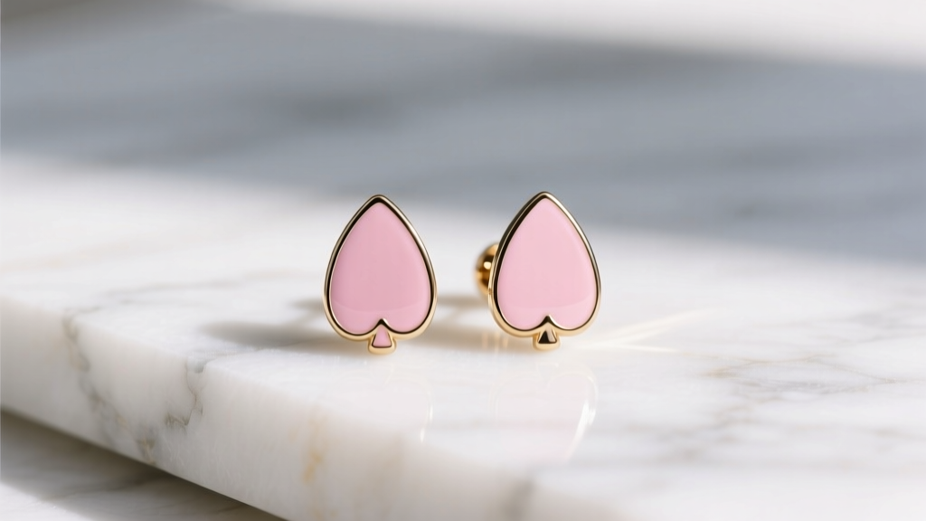 Pastel pink Kate Spade spade-shaped enamel stud earrings resting on white marble surface with soft morning sunlight.