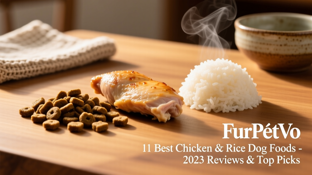 Close-up of FurPetVo kibble pieces next to cooked chicken breast and steamed white rice on a clean wooden surface