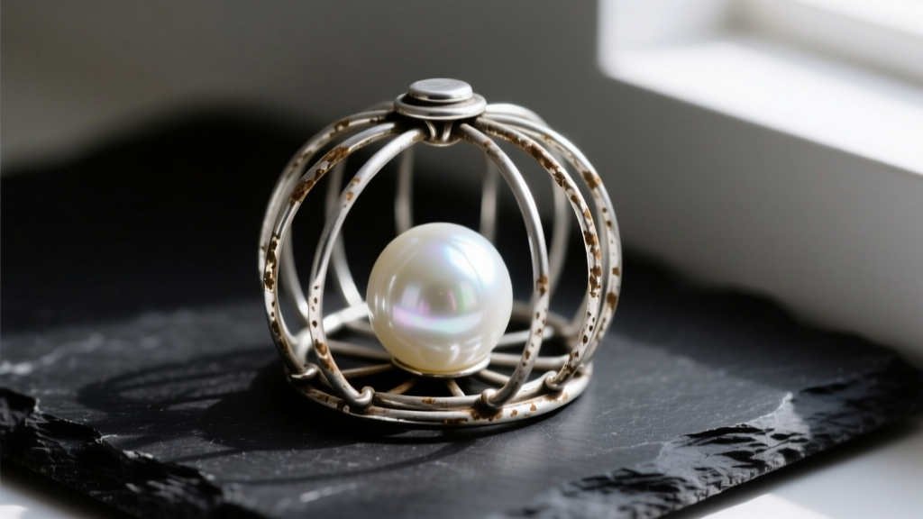 Macro photography of a tarnished sterling silver wire cage holding a lustrous white freshwater pearl resting on a dark slate surface.