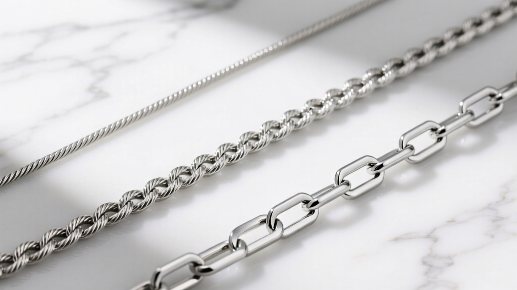 Flat-lay comparison of three silver chains: delicate cable, textured rope, and modern box chain on a bright white marble surface.