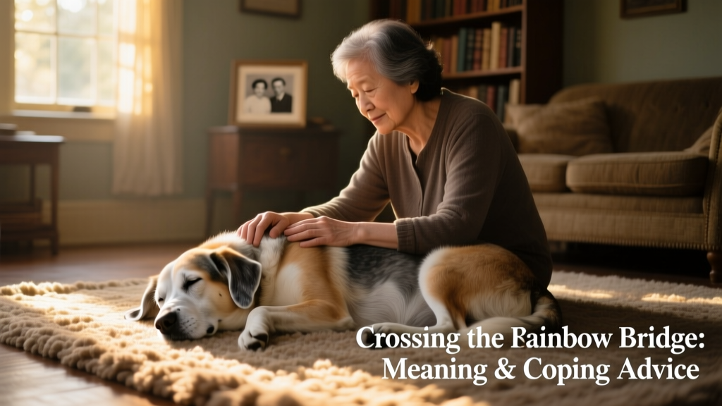 A quiet, tender photo of a person sitting beside their sleeping senior dog on a sunlit rug, hands gently resting on the dog's back
