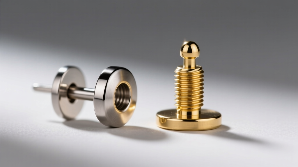 Macro shot of an 18-gauge titanium earring post next to a gold-plated base metal post, highlighting threading and finish quality.
