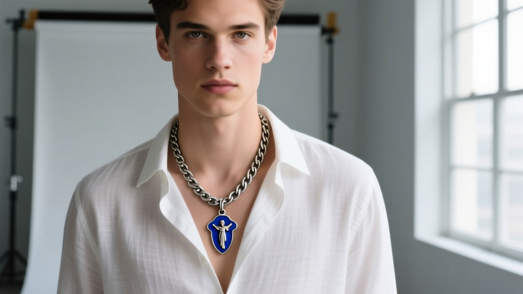 Young man wearing a 20-inch oxidized silver figaro chain and blue enamel Saint Christopher pendant over a white linen button-down.