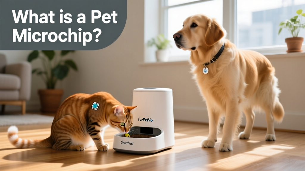 A cat eating from a FurPetVo SmartFeed Microchip Feeder while a dog waits nearby
