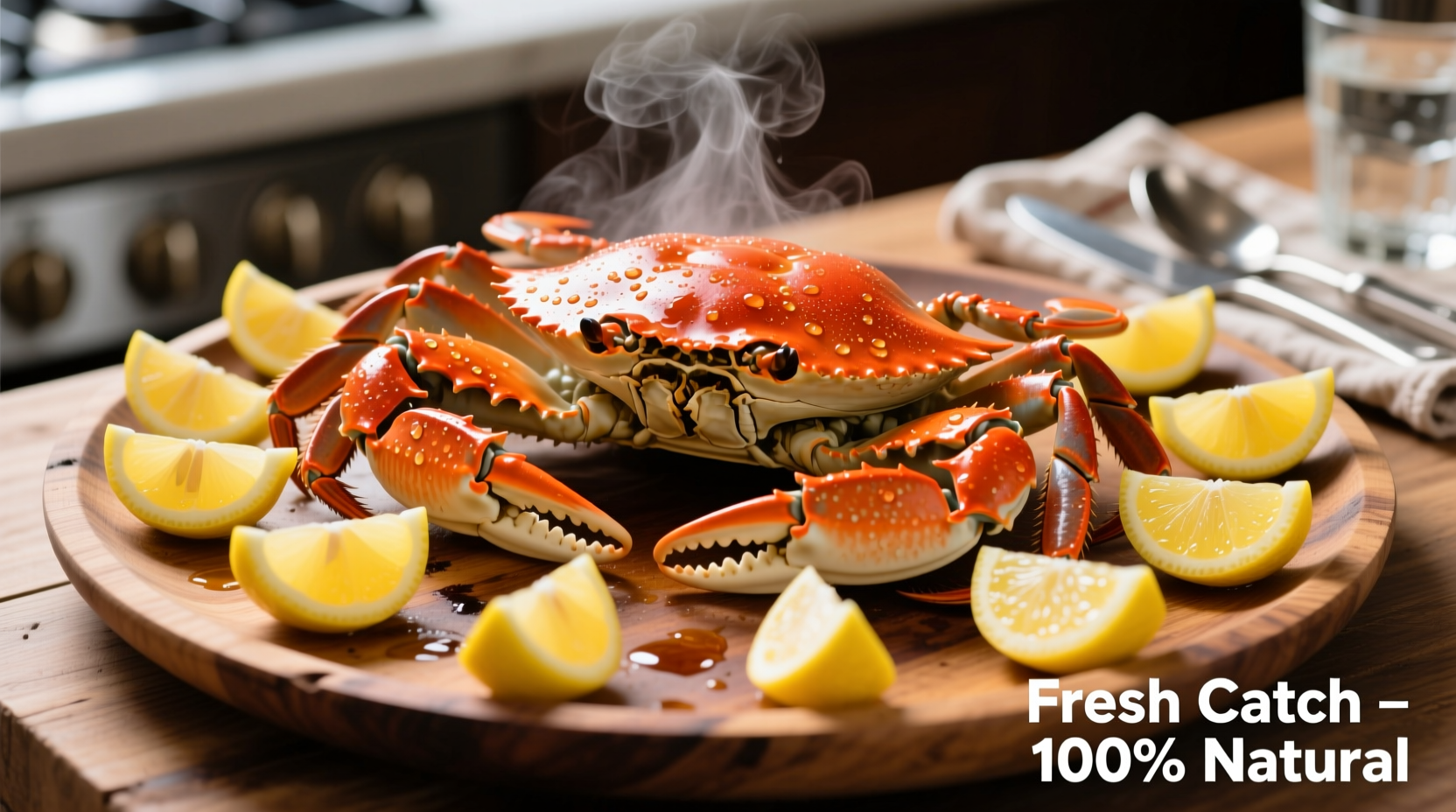 Fresh cooked Dungeness crabs on wooden platter with lemon wedges