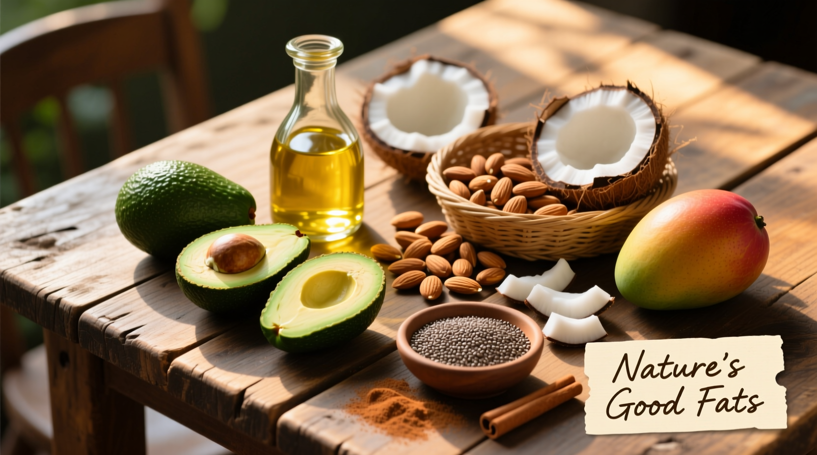 Various healthy fatty foods on wooden table