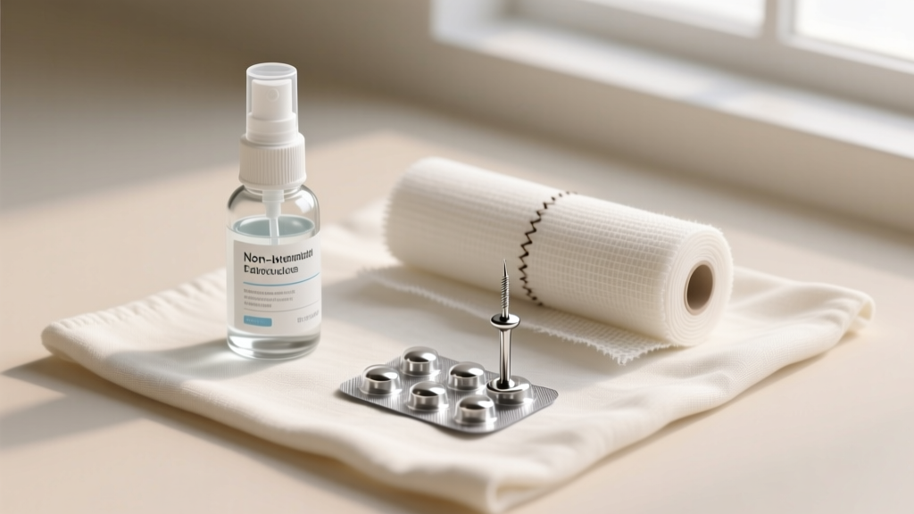 Flat lay piercing kit with sterile saline spray, non-woven gauze, and a blister-packed titanium labret stud on a soft linen cloth