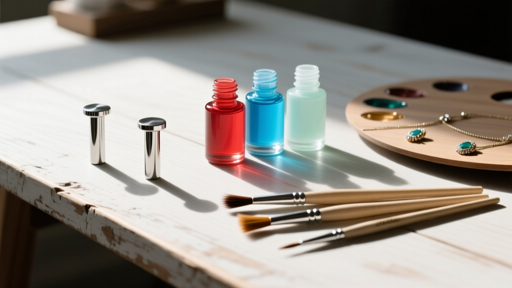 Flat lay of jewelry tools including 20-gauge titanium posts, UV resin bottles, and fine-tip paintbrushes on a wooden desk.