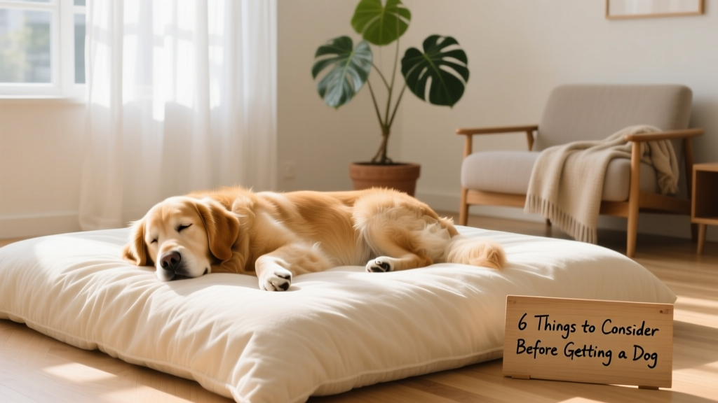 A calm, relaxed dog resting on a cozy bed in a sunny living room during a pet-sitting visit