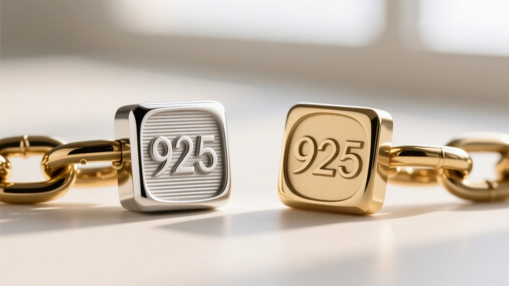 Macro comparison showing a crisp laser-engraved 925 stamp versus a shallow, blurry counterfeit stamp on a brass chain link.