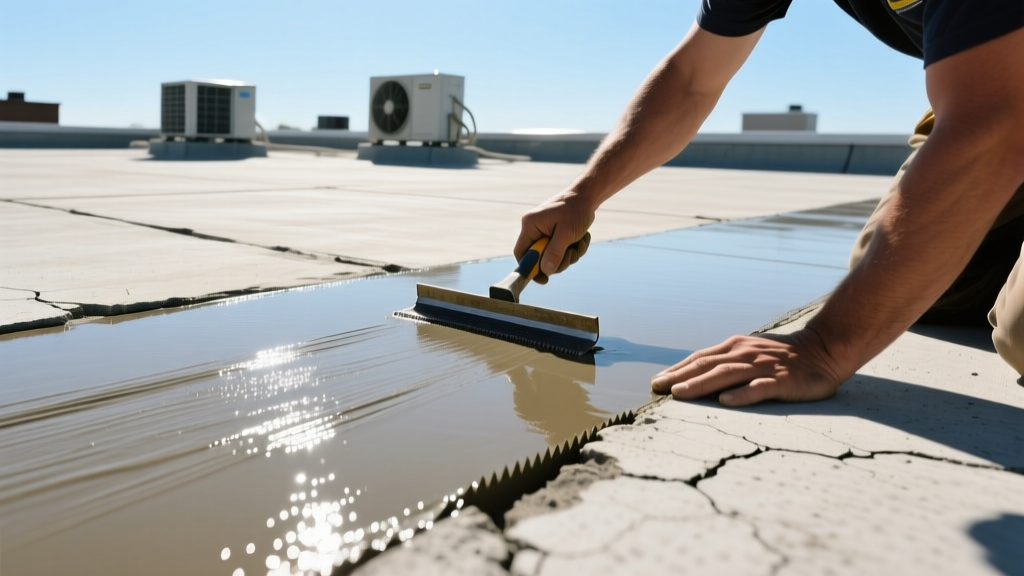 Contractor applying polyurethane liquid waterproofing membrane over a patched flat concrete roof deck using a notched squeegee on a sunny day
