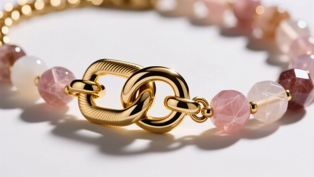 Macro photography of a heavy-duty gold toggle clasp securing a thick 1.5mm box chain on a chunky rose quartz beaded necklace