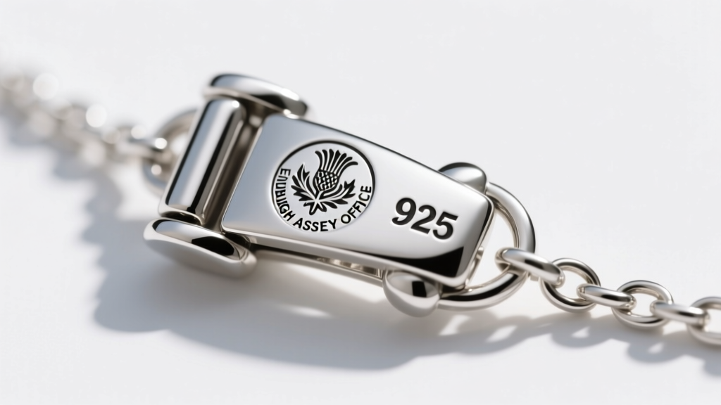 Macro shot of a silver Merida necklace clasp displaying the 925 hallmark and the Edinburgh Assay Office thistle mark for authenticity