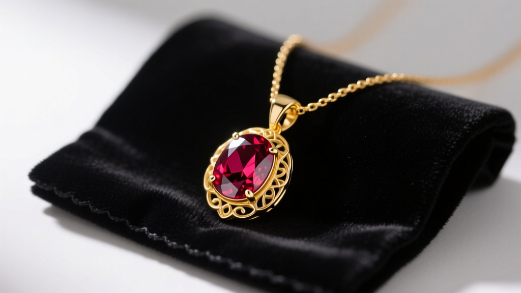 Close-up of a 14k yellow gold necklace with an oval ruby pendant resting on a dark velvet jewelry cleaning cloth in soft light.