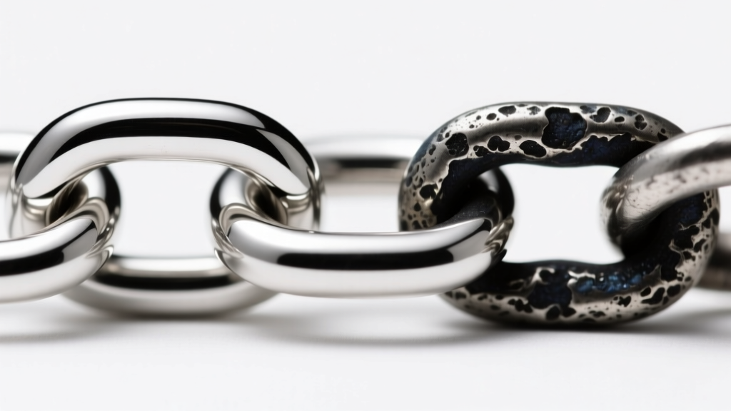 Macro close-up of a rhodium-plated sterling silver chain link beside an oxidized silver link, highlighting the contrast in finish