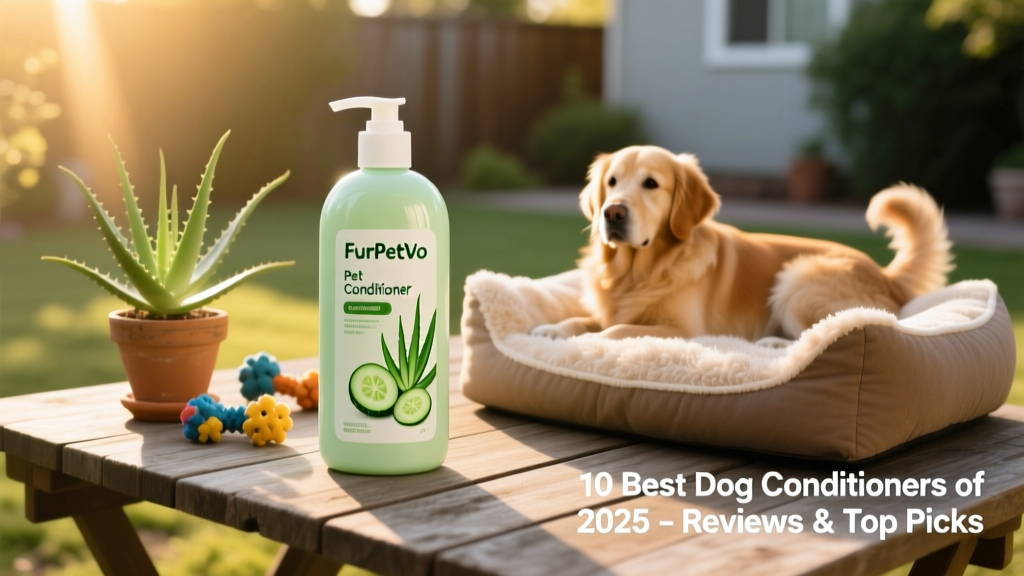 Bottle of FurPetVo Pet Conditioner in light green packaging with cucumber and aloe imagery