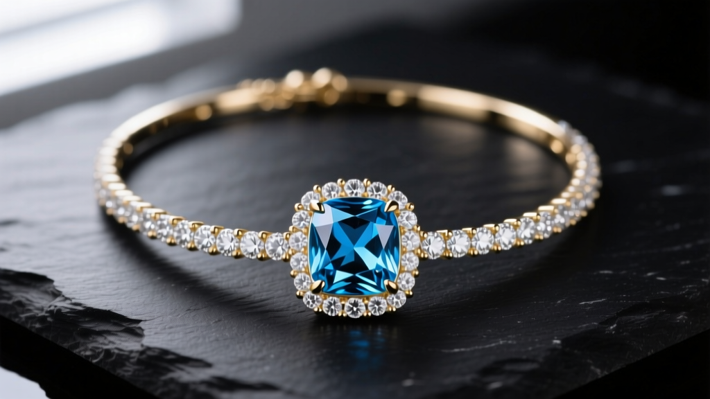 Close-up of an 18k white gold topaz diamond necklace on dark slate, highlighting the Swiss blue gem and brilliant diamond halo.