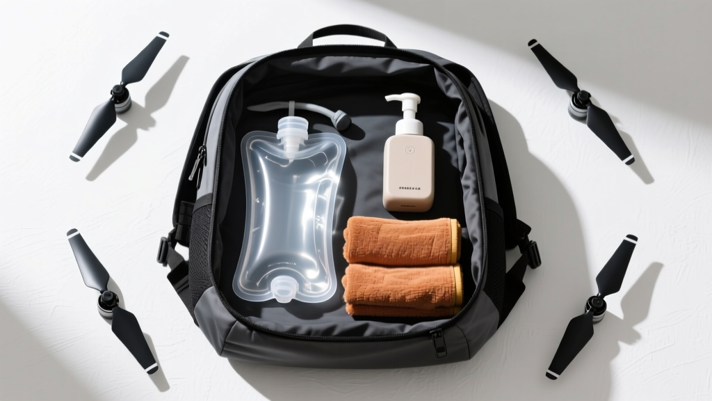 Top-down flat lay of a drone field backpack showing a water bladder, smart foaming soap dispenser, microfiber towels, and spare propellers