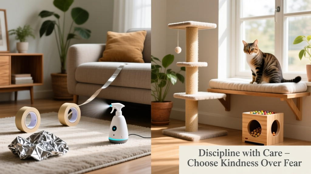 Side-by-side comparison: safe deterrents (double-sided tape, foil, motion-spray device) and cat-friendly alternatives (scratching post, window perch, puzzle feeder)