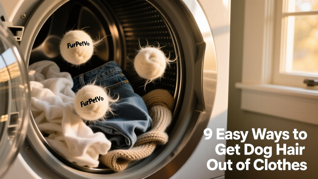 Three FurPetVo pet-safe dryer balls tumbling with a load of mixed laundry in a dryer drum