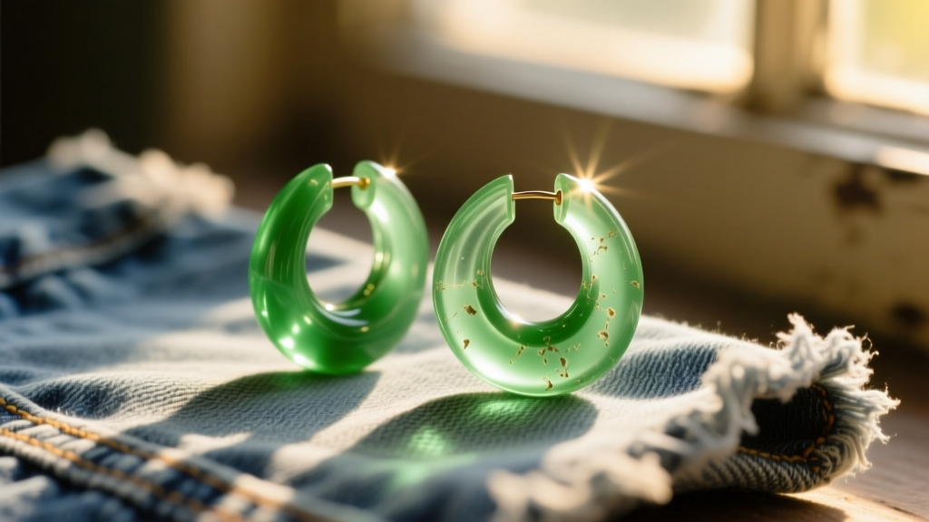 Close-up of vintage 1970s translucent green resin hoop earrings resting on faded denim, bathed in warm, nostalgic sunlight.