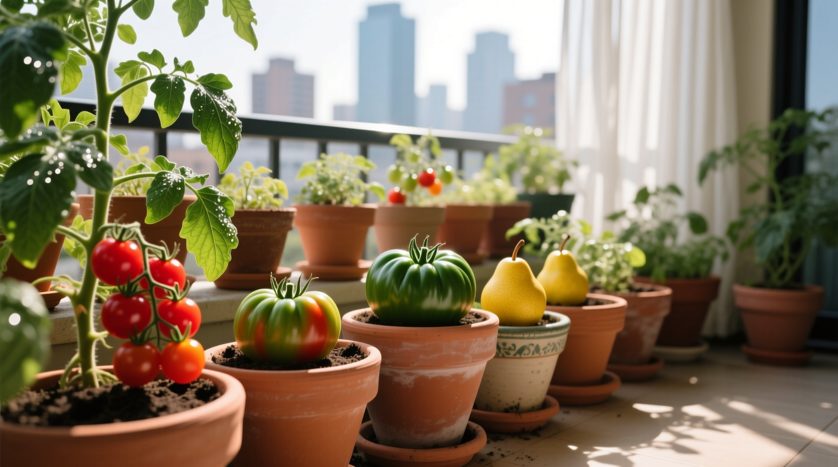 Container tomato varieties growing in pots on a sunny balcony