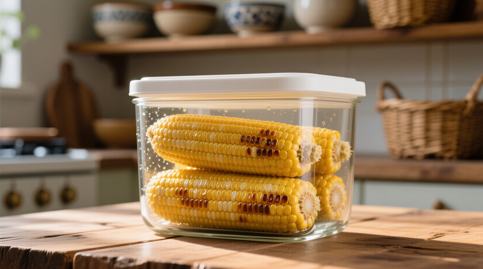 Fresh cooked corn kernels in glass storage container