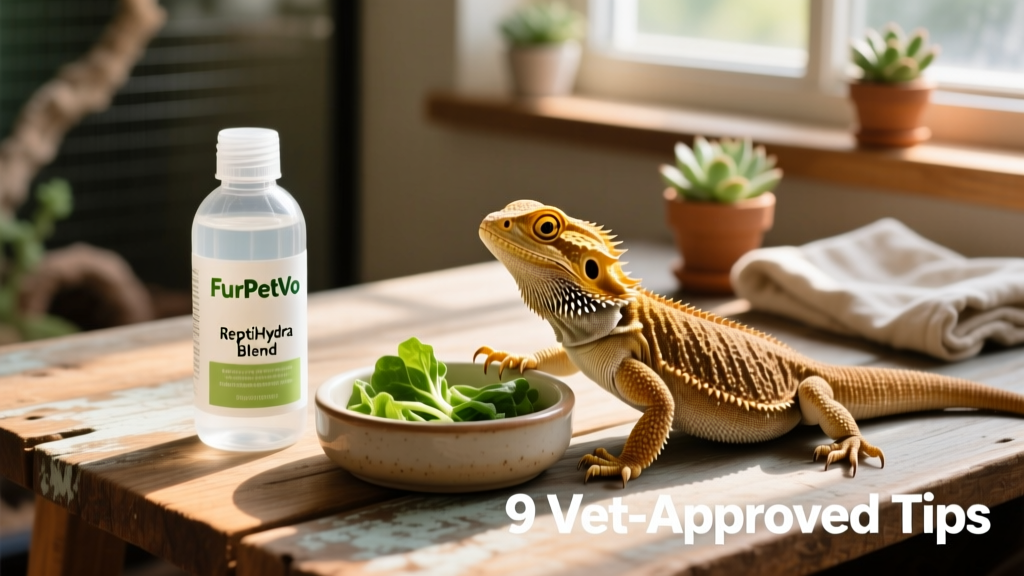FurPetVo ReptiHydra Blend bottle next to a bearded dragon’s feeding dish