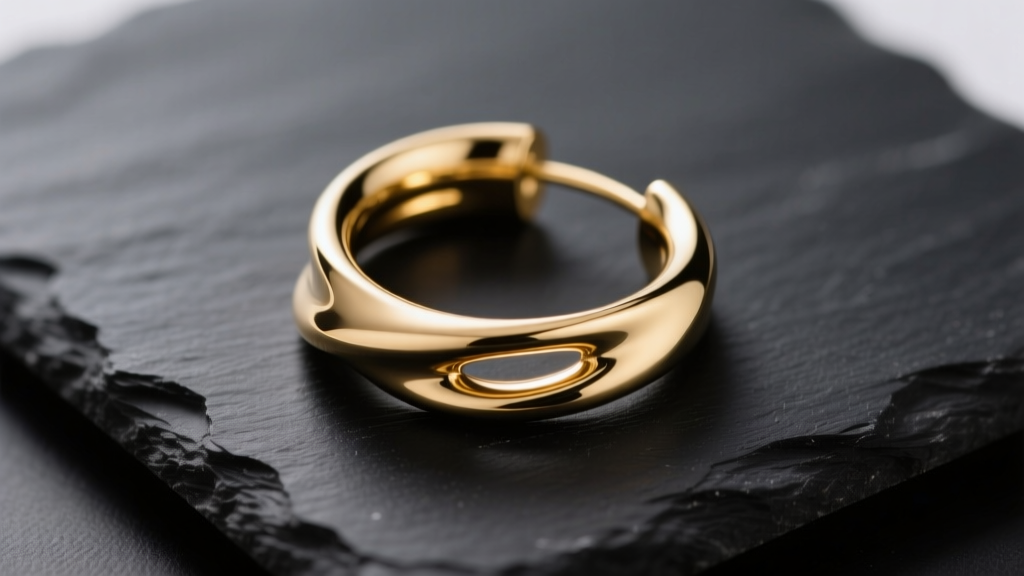 Macro shot of a sculptural gold-plated brass hoop earring on black slate, highlighting minimalist curves and a high-polish finish.