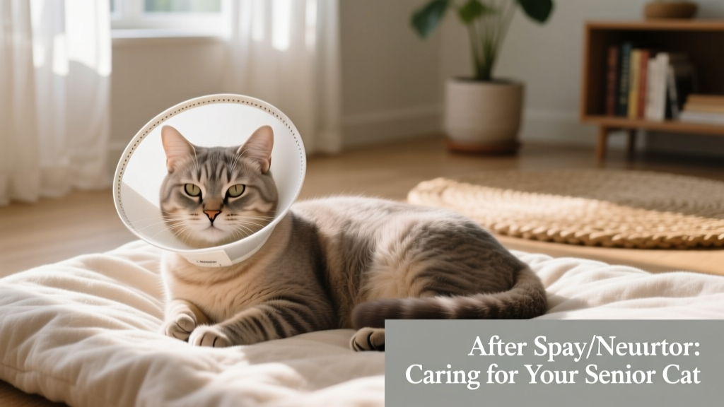 Senior cat resting comfortably on soft bedding with e-collar, post-surgery