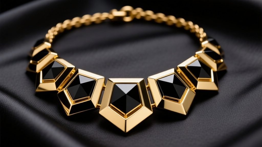 Close-up of 18k yellow gold necklace with black rhodium geometric pendants on dark charcoal silk under dramatic studio lighting.