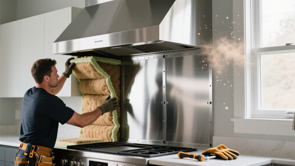 Contractor applying mass loaded vinyl and acoustic fiberglass inside a stainless steel kitchen range hood canopy to reduce blower noise