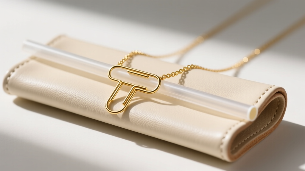 Flat lay of a delicate 18k gold paperclip necklace threaded through a paper straw, resting on a cream leather travel jewelry roll