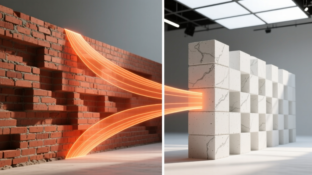 Split-screen architectural diagram comparing dense red clay brick masonry wall with lightweight aerated concrete blocks, showing structural load vectors