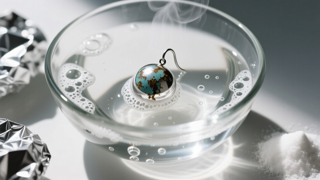 Tarnished 8mm silver ball earring submerged in a glass bowl of hot water with aluminum foil and baking soda, shot from above.