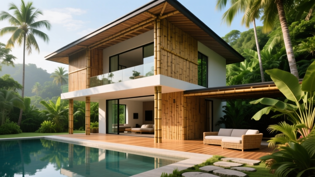 Modern two-story residential home featuring exposed structural bamboo columns and cross-laminated bamboo wall panels in a tropical setting