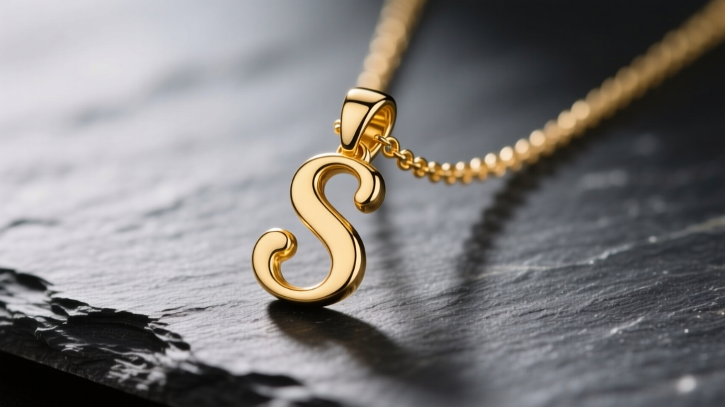 Close-up of a delicate 14k yellow gold letter S initial necklace resting on dark slate, highlighting curved serif edges and bail.