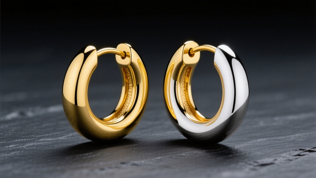 Two-tone gold hoops on dark slate, showing contrast between polished yellow gold and bright white gold under soft lighting.