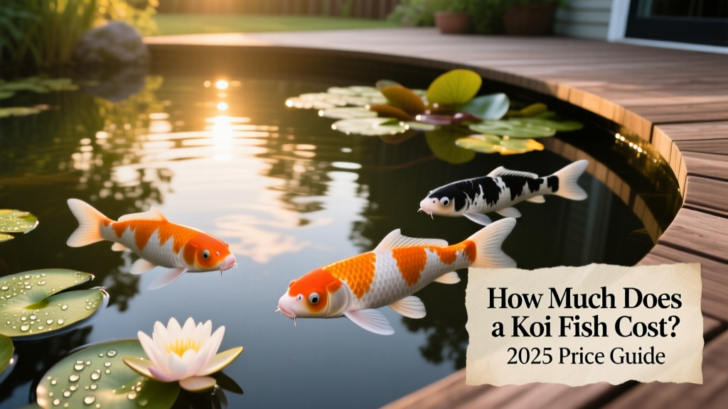 A serene backyard pond with vibrant orange, white, and black koi swimming near lily pads