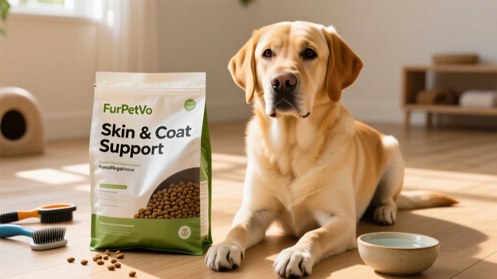 A calm Labrador sitting beside an open bag of hypoallergenic kibble labeled 'FurPetVo Skin & Coat Support'