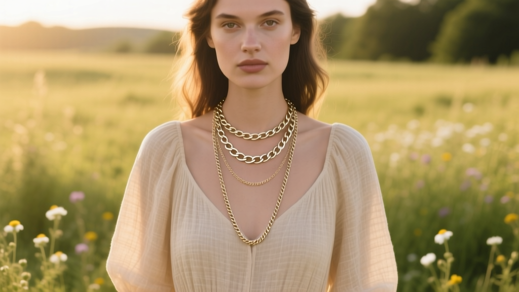 Model wearing a layered necklace stack with an 18-inch rolo chain and 22-inch cable chain over a beige linen cottagecore dress.