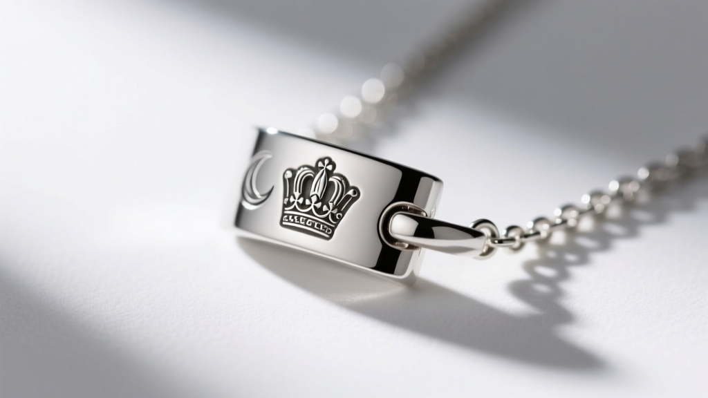 Macro shot of a 925 silver necklace clasp showing the stamped German crown and moon hallmark beside a maker's mark in sharp focus