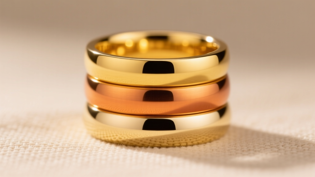 Macro shot of three stacked gold bands in 24k, 18k, and 14k showing subtle color shifts against a neutral beige linen background.