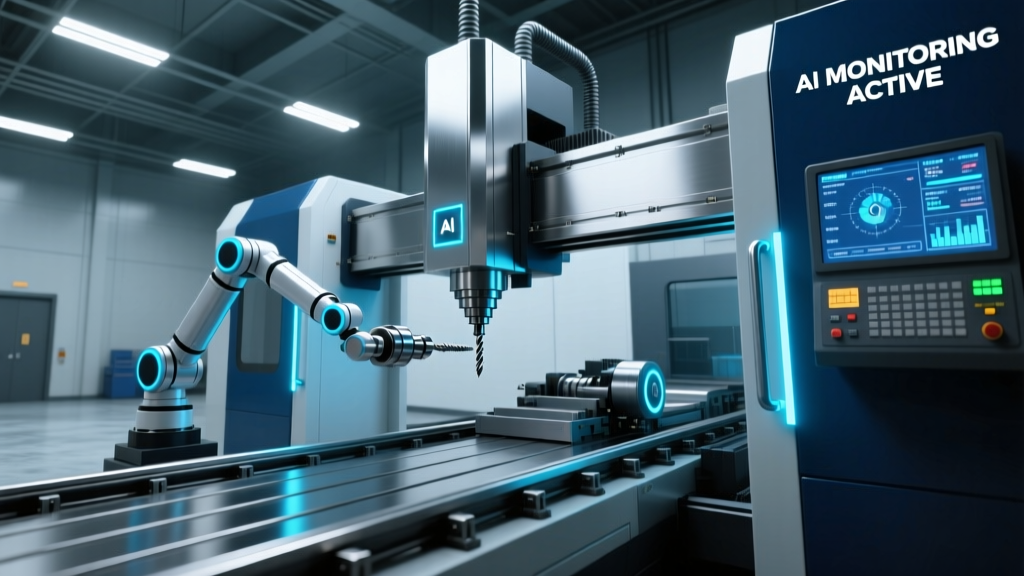 Interior view of a modern 5-axis CNC machining center with AI spindle monitoring sensors and automated tool changers